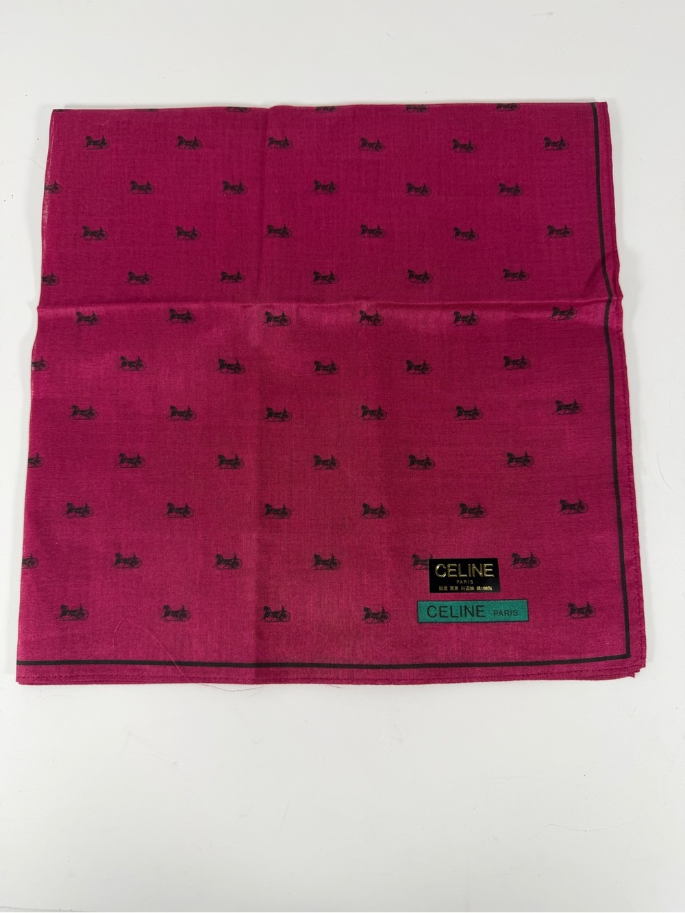 Vintage Celine Paris Horse Carriage Cotton Handkerchief Pink / Red